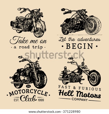 Chopper and motorcycle logo set. Chopper sign. Motorcycle logos. Chopper garage logotypes. Vector vintage biker logos. Chopper motorcycle logos. Motorbike. Custom motorcycle illustration. Custom bikes