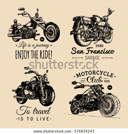 Chopper and motorcycle logo set. Chopper sign. Motorcycle logos. Chopper garage logotypes. Vector vintage biker logos. Chopper motorcycle logos.Motorbike. Custom motorcycle illustration. Custom bikes.