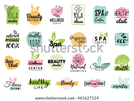 Vector health and beauty care logos or labels. Spa, yoga centers badges. Wellness signs. Hand drawn tags and elements set for organic cosmetics, natural products.