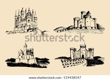 Vector old castles illustrations set. Countrysides with gothic fortresses. Hand drawn architectural landscapes of ancient towers with rural fields and hills.