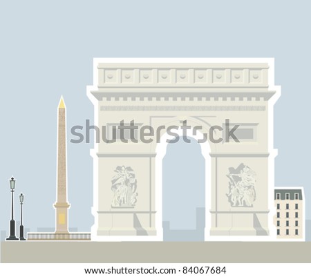 Arc de Triomphe and the Luxor Obelisk, Paris. Illustrations of the most popular tourist attractions