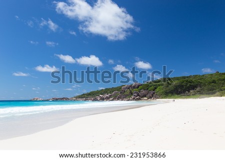 Best beach Anse Lazio with white clean sand on the island of Praslin Seychelles and large granite stones
