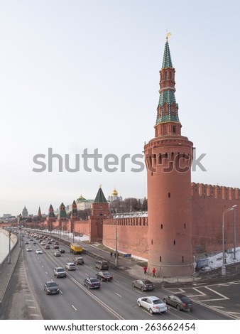 Moscow - 16 January 2015: The Moscow Kremlin and the cars go on the Kremlin embankment of Moscow River January 16, 2015, Moscow, Russia