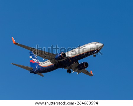 Sheremetyevo - March 14, 2015: Boeing 737 passenger plane, A. Belinski, Aeroflot, landing at Sheremetyevo Airport March 14, 2015, Sheremetyevo, Moscow Region, Russia