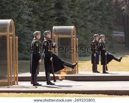 Moscow - April 12, 2015: Change of guard of honor in winter uniform at the eternal flame at the Tomb of the Unknown Soldier in Alexander Garden at the Kremlin, April 12, 2015, Moscow, Russia
