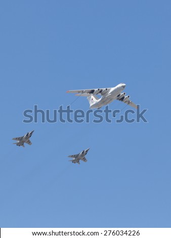 Moscow - May 7th, 2015: Powerful military planes imitate steam aerial refueling over Red Square at the rehearsal of the Victory Parade May 7, 2015, Moscow, Russia