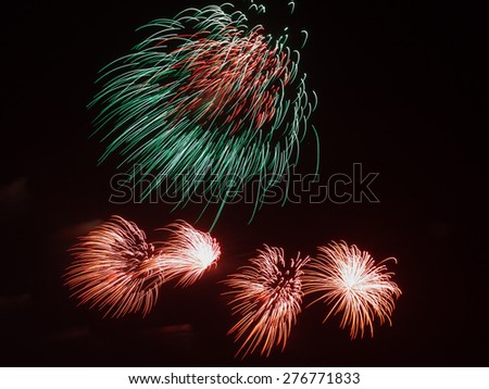 spectacular beautiful bright fireworks, as a green flower with red center, in the night black sky