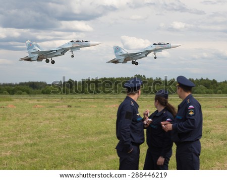 Moscow Region - June 17, 2015: Military watch flight of military aircraft at the international military-technical forum 