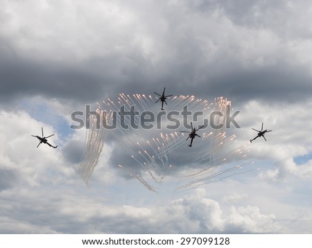 Moscow Region - June 17, 2015: Military aircraft produce fireworks on the International Military-Technical Forum ARMY-2015 June 17, 2015, Moscow Region, Russia