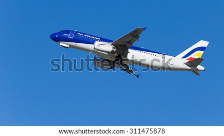 Moscow - August 6, 2015: Bright Airliner Airbus A320-233 Air Moldova, tail number ER-AXP takes off at Domodedovo airport and on the background of bright blue sky on Aug. 6, 2015, Moscow, Russia