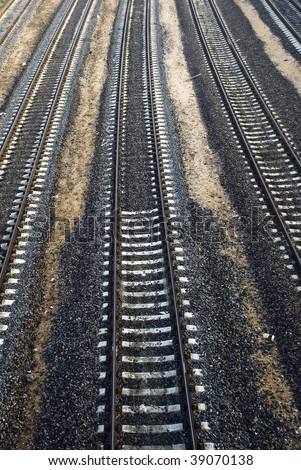 Railway freight train of many cars track sleepers station  Morning junction railway tracks