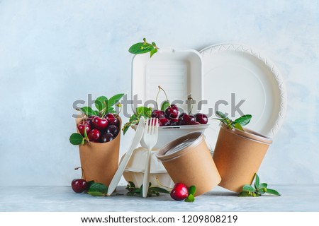 Catering disposables, cups, plates and containers with cherries. Eco-friendly food packaging on a neutral gray background with copy space. Preserving nature and recycling concept.