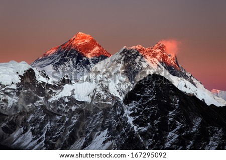 Mount Everest, Nuptse and Lhotse at sunset, from Gokyo Ri, Nepal Himalaya