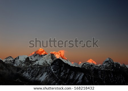 Evening sun on Mt Everest, Nuptse, Lhotse and Makalu, from Gokyo Ri, Nepal