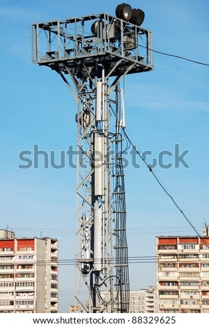 observation tower with light  projector  and telecommunication equipment