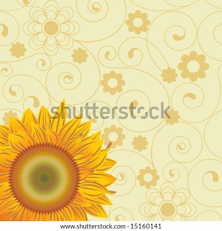 Background with  chaotic lines and an abstract flowers and sunflower