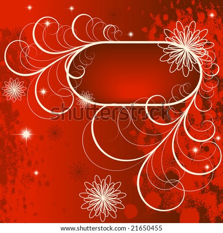 Raster version of vector frame with swirls and flowers on a red background