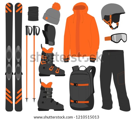 Ski equipment kit clothes vector illustration on white background. Extreme winter sport. Set skis and ski poles. vacation, activity or travel equipment sport mountain cold recreation.