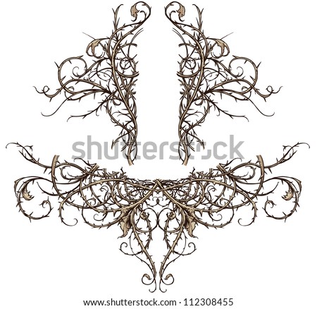 Thicket Design Accents Vector set of two highly detailed thorny thicket design elements. These scroll ornaments are perfect for accents in backgrounds, crests, banners, etc.