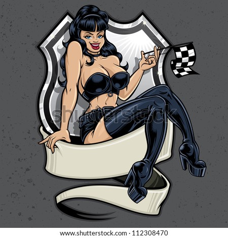 Racer Girl Pin Up Vector Racing Illustration Of A Sexy Pin Up Girl Sitting Atop A Banner