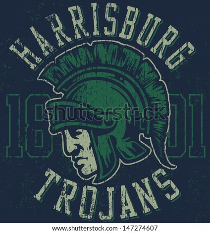 Retro &quot;Trojans&quot; athletic design complete with Trojan mascot vector illustration, vintage athletic fonts and matching textures (all on separate layers, of course). - stock vector