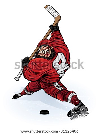 Vector illustration of a muscular hockey player about to absolutely destroy a hockey puck (along with anyone standing in it\'s path) with a wicked slap shot.