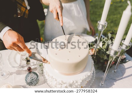 the table with the cake and wedding cake plates forks knives decor young couple sitting at the table