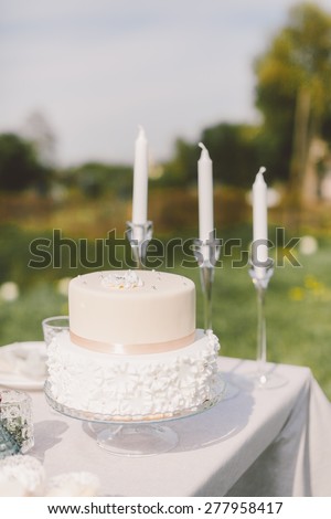 the table with the cake and wedding cake plates forks knives decor
