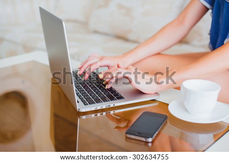 Laptop woman happy giving thumbs up success sign sitting at computer PC with excited face expression. Beautiful smiling cheerful multiracial Caucasian student girl working and styling home,freelance