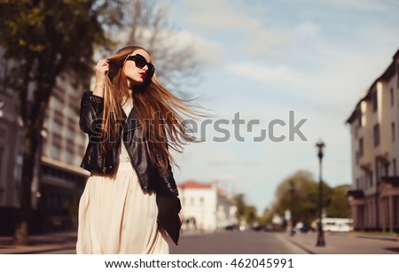 Outdoor beauty portrait woman, fashion model, pretty girl, street style, sunglasses, dress, casual, make, lips red, close up