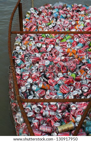 BELGRADE-MARCH 9: Different drinks cans for recycling saved on the Sava river next to the Belgrade Fair. March 9,2013 in Belgrade, Serbia