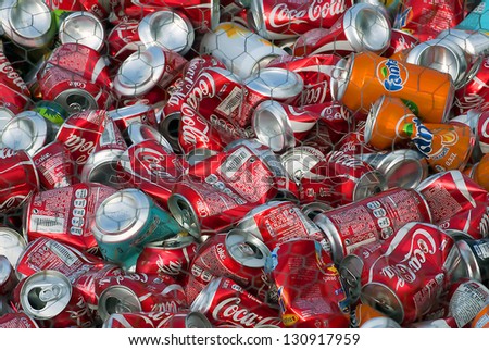 BELGRADE-MARCH 9: Different drinks cans for recycling saved on the Sava river next to the Belgrade Fair. March 9,2013 in Belgrade, Serbia