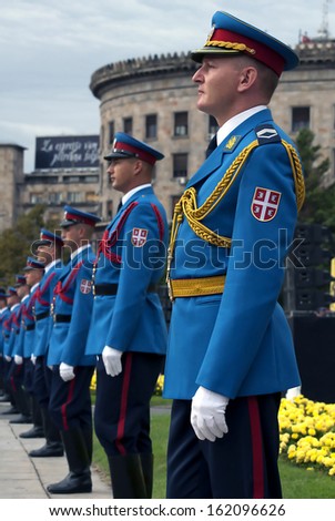BELGRADE - SEPTEMBER 14:Member of Serbian military guard of honor during promotion of new Serbian army officers on September 14, 2013 in Belgrade, Serbia