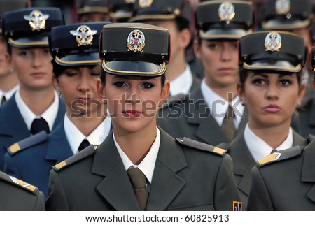 BELGRADE - SEPTEMBER 11th:Promotion of new Serbian army officers,Girl cadet unit,September 11, 2010 in Belgrade, Serbia