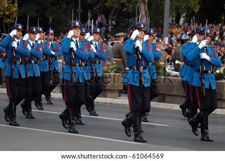 BELGRADE - SEPTEMBER 11: Promotion of new Serbian army officers, Serbian army guards unit marching, September 11, 2010 in Belgrade, Serbia.