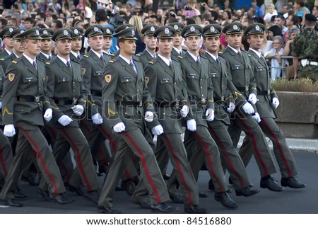 BELGRADE, SERBIA - SEPTEMBER 10 : Serbian army cadets march during promotion of new Serbian army officers  on September 10, 2011 in Belgrade, Serbia