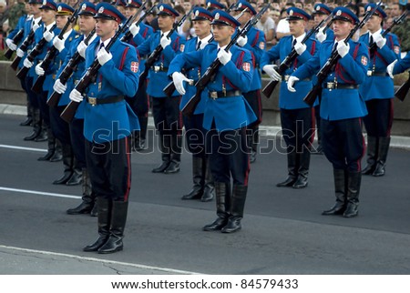 BELGRADE, SERBIA - SEPTEMBER 10: Serbian army guards unit exercise during promotion of new Serbian army officers on September 10, 2011 in Belgrade, Serbia