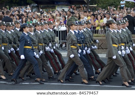 BELGRADE, SERBIA - SEPTEMBER 10: Girls unit of new Serbian officers in march during promotion of new Serbian army officers on September 10, 2011 in Belgrade, Serbia