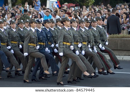 BELGRADE, SERBIA - SEPTEMBER 10: Girls unit of new Serbian officers during promotion of new Serbian army officers on September 10, 2011 in Belgrade, Serbi