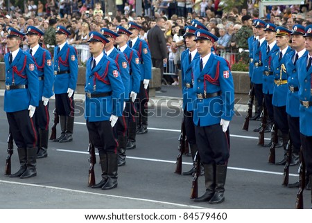 BELGRADE, SERBIA - SEPTEMBER 10: Serbian army guards unit exercise during promotion of new Serbian army officers on September 10, 2011 in Belgrade, Serbia