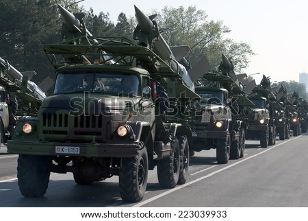 BELGRADE-OCROBER12:Air Defense missile system SA-3 Goa.On preparations for the parade Serbian Army.On October 12,2014 in Belgrade,Serbia