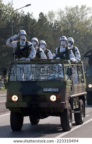 BELGRADE-OCTOBER12:Special unit of the Serbian army in camouflage uniforms.On preparations for the parade Serbian Army.On October 12,2014 in Belgrade,Serbia