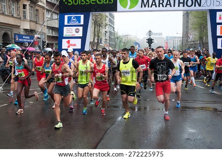 BELGRADE-APRIL 18:A group of runners start race on \
