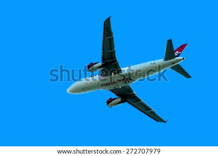 BELGRADE-APRIL 25:Airbus A-319-100 jet climbing after take off from Belgrade airport \