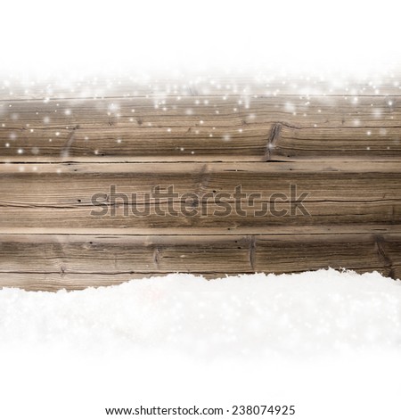 Grunge wooden texture with snow flakes and white space, horizontal composition