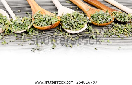 Photo of spoons with dried herb leaves on wooden board, white space for text