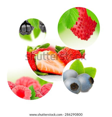 Photo of berry mix with leaves and white space