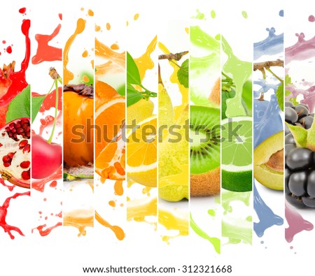 Rainbow colorful fruit stripe collection with splash on white background