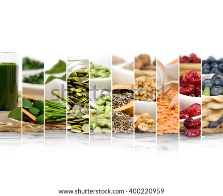 Photo of chlorella, berries and seeds abstract mix slices; healthy eating, dieting and detoxication concept; white space for text