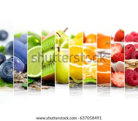 Photo of rainbow colorful mix stripes with fruit and slices; healthy eating concept; white space for text